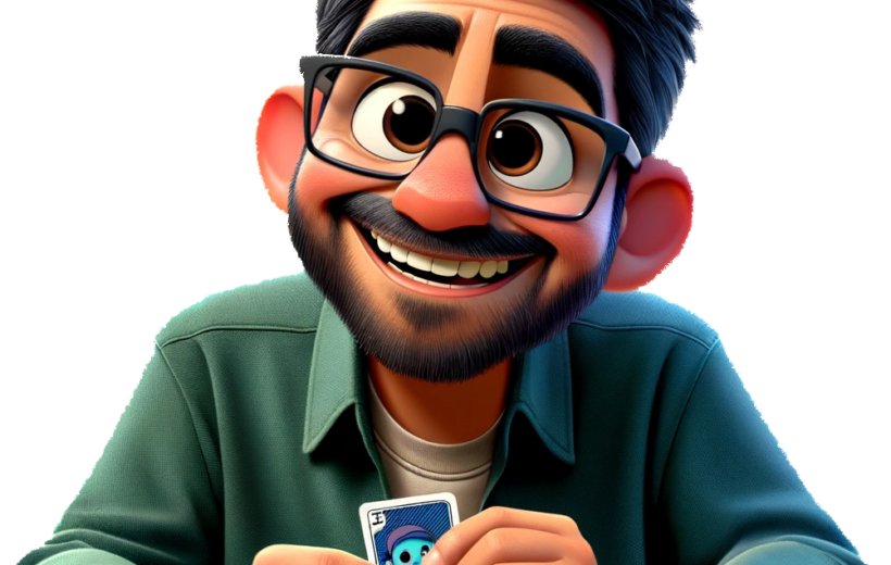 A man wearing glasses with black hair and brown eyes smiling with trading cards in his hand